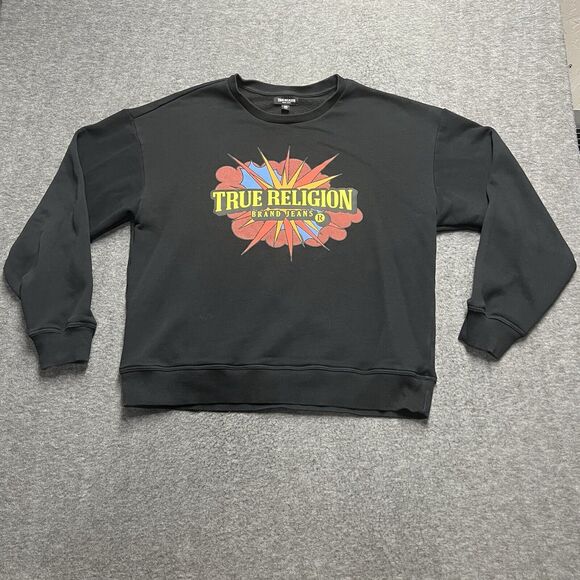 True Religion Sweatshirt Medium Black w/Logo Pullover Crew Neck - Picture 1 of 7